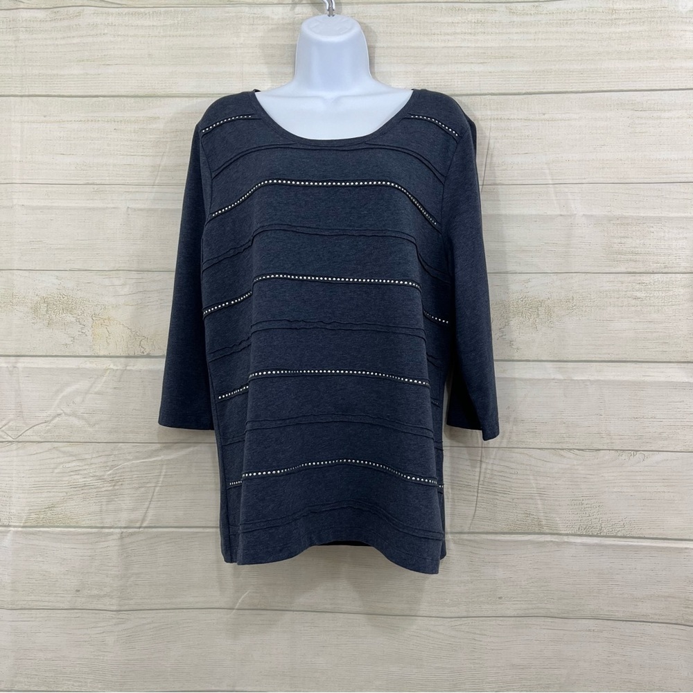 CJ Banks Blue Silver Embellished 3/4 Sleeve Top